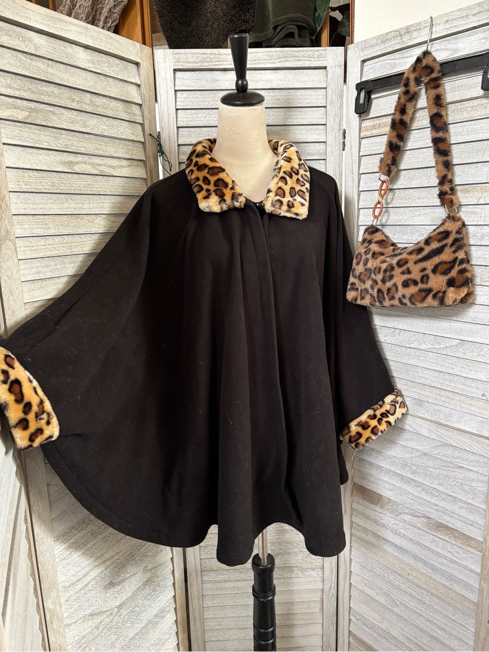 Mob Wife Faux Fur Leopard Black Cape Poncho & Whimsigoth Old Money Purse/Bag Set